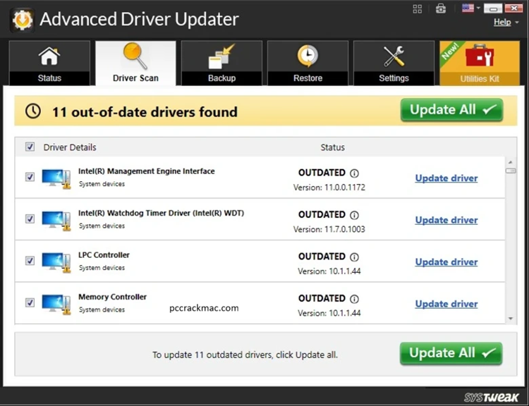 Tabela de informações do software Advanced Driver Updater com versão, desenvolvedor, categoria, e sistemas Windows suportados.