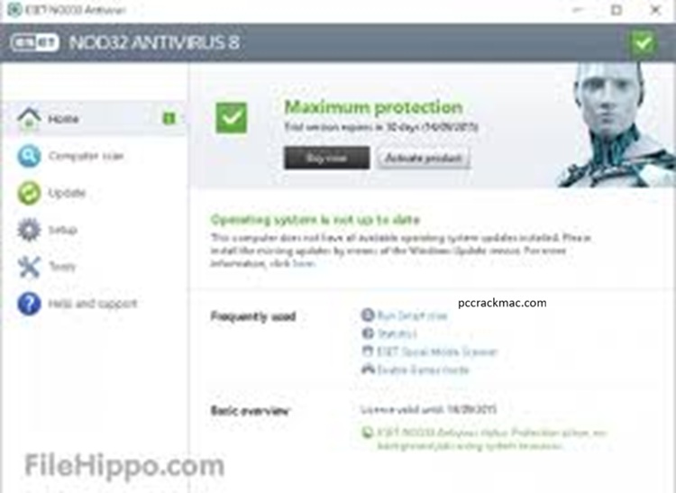 Antivirus ESET NOD32 19.0.14.0 tableau de bord de sécurité affichant les fonctionnalités de protection en temps réel et d'analyse des logiciels malveillants.