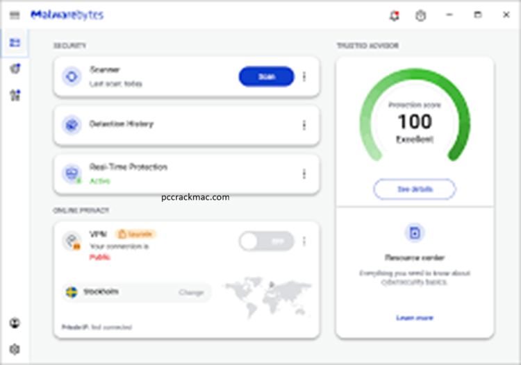 Malwarebytes interface showing real-time protection dashboard, scan options, and threat detection controls.